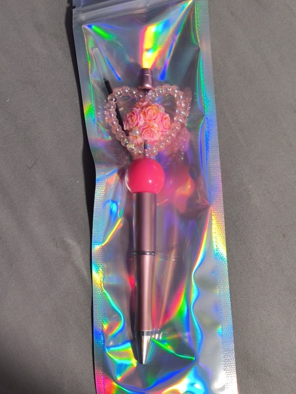 Pink Heart Beaded Floral Charm Pen - Women Accessories